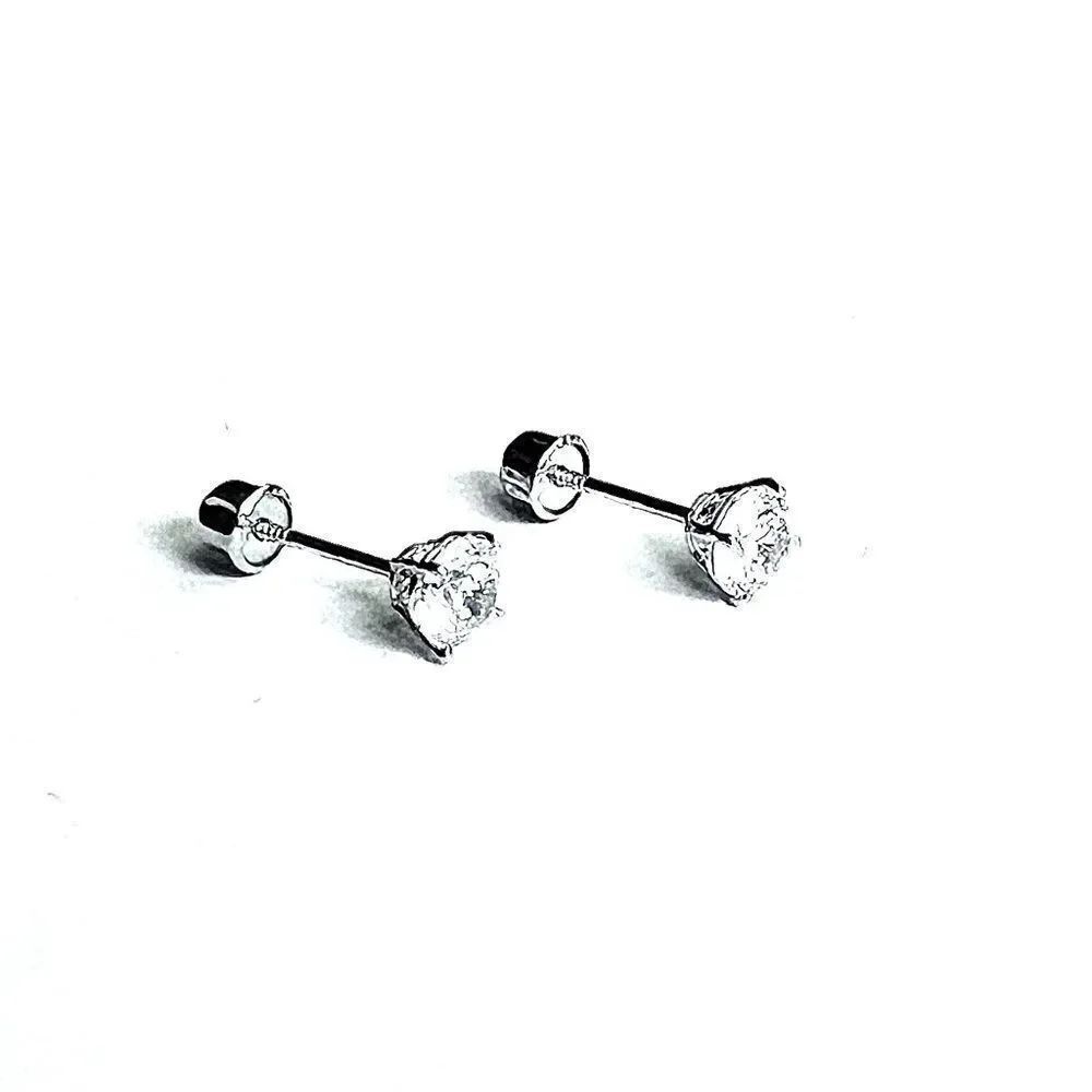 14k White Gold Round Solitaire Basket Set Stud Earrings with Screw Back 4 mm